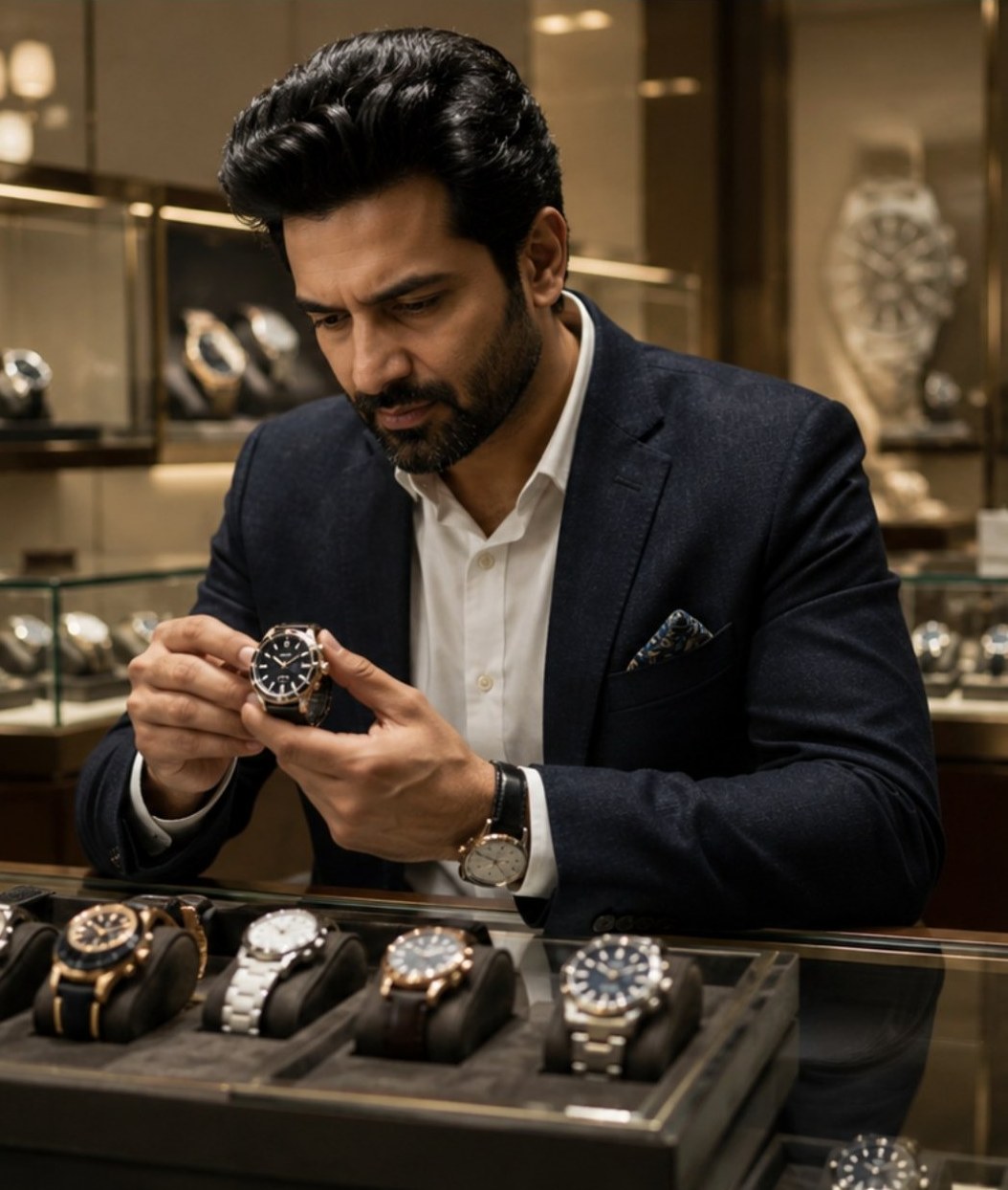 A discerning collector examining a luxury watch